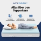 Preview: Frau auf Kaltschaum-Split-Topper liegend mit Icons darüber: 7cm Höhe, klimaregulierend & atmungsaktiv